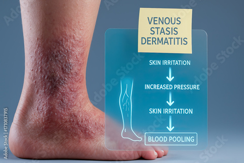 Venous stasis dermatitis on lower leg with red inflamed skin, rash and swelling, medical diagram overlay showing skin irritation, increased pressure and blood pooling