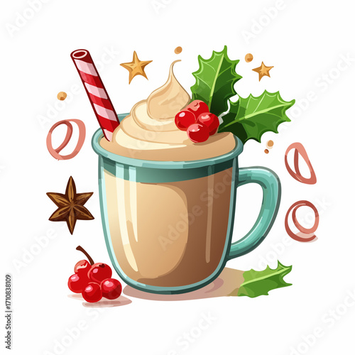 Eggnog Holiday Drink Vector Illustration with Whipped Cream, Holly, and Festive Toppings