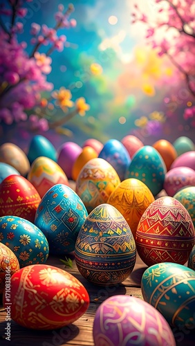 Colorful Easter eggs against a backdrop of blossoming trees