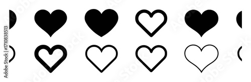 Collection of Black and White Heart Icons: Solid and Outline Styles