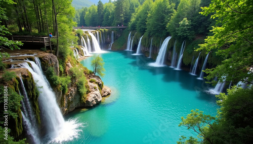 Majestic Large Waterfall Cascading Through Rugged Forest Landscape