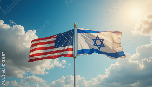 Flags of unity usa and israel symbolic display outdoor setting bright sky national pride