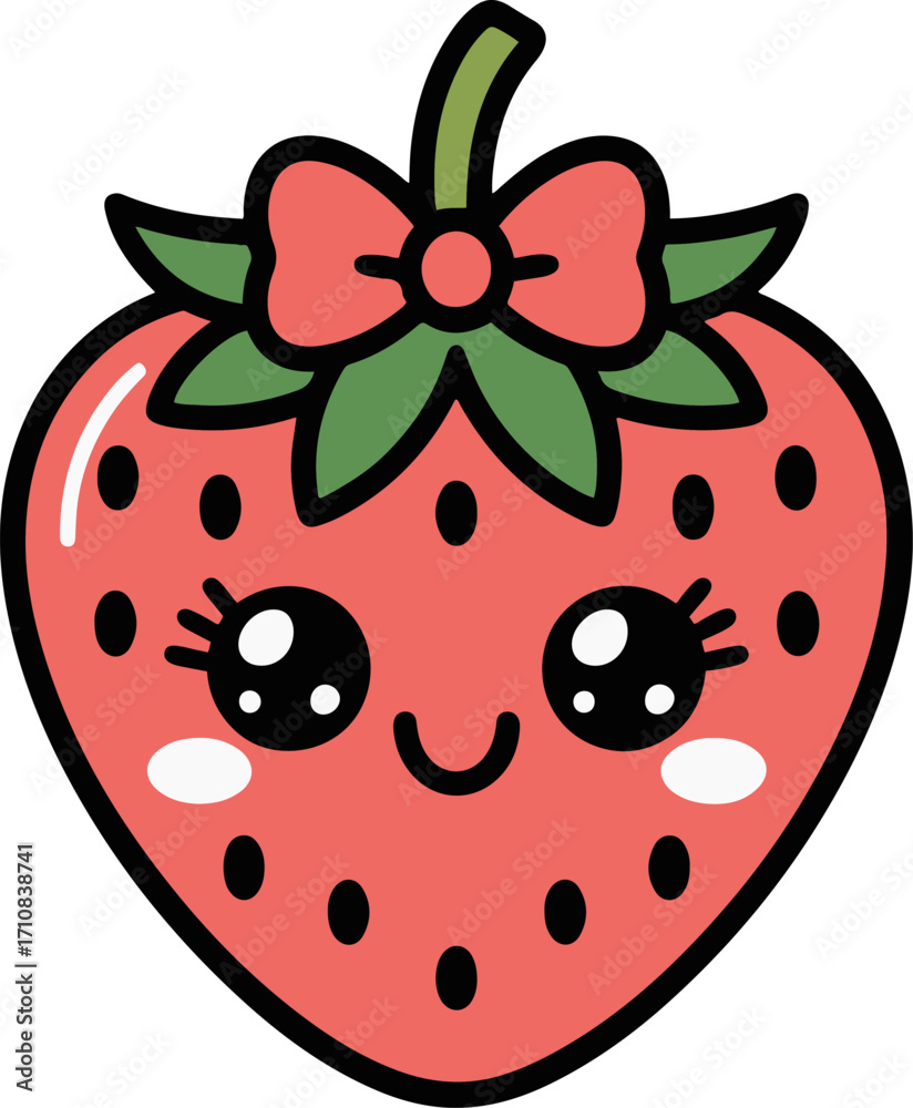 Obraz premium Vector art of delightful strawberry cartoon this sweet strawberry with a bow is perfect for adding a touch of freshness and charm to any project its cute face and vibrant color make it irresistible