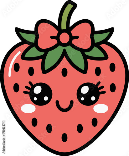 Vector art of delightful strawberry cartoon this sweet strawberry with a bow is perfect for adding a touch of freshness and charm to any project its cute face and vibrant color make it irresistible