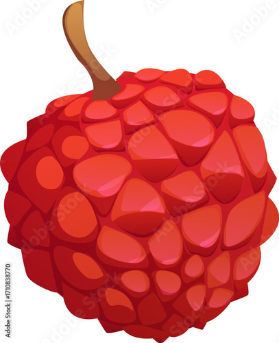 Cartoon tropical ripe raw lychee fruit. Isolated vector whole small round tropical plant with rough pink red skin and juicy translucent flesh inside. Natural exotic sweet dessert, nutritious food