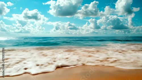 A serene beach scene displays crashing waves against the shore, with a vibrant sky filled with fluffy clouds.