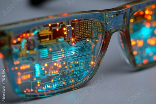A close-up of a computer motherboard with sleek black sunglasses placed on it