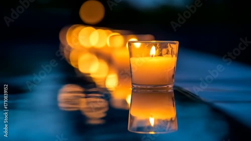 A serene arrangement of candles reflected in still water, creating a peaceful and tranquil scene at night.