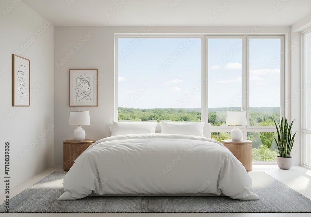 Fototapeta premium Modern bedroom with large window and city view