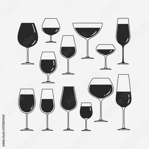  A set of wine glasses Vector Illustration focuses on simplicity, elegance, and ease of recognition. Vector Sign for Banner, Logos, Labels, and Icons.