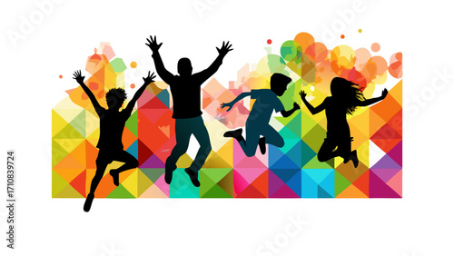 Silhouettes of happy children jumping with colorful vector geometric backgrounds.Kids Full Of Joy  Celebration Carvinal