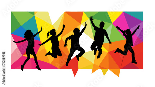 Silhouettes of happy children jumping with colorful vector geometric backgrounds.Kids Full Of Joy  Celebration Carvinal
