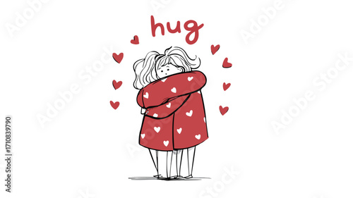 Heartfelt Hug: Girl Embracing with Love Symbols, Vector Illustration