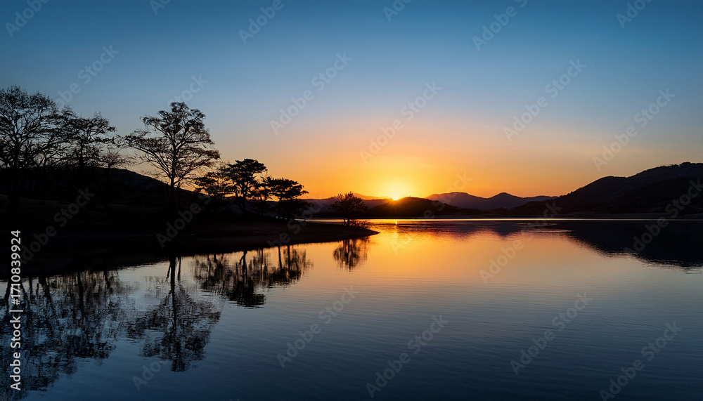 Fototapeta premium Serene Sunset Over A Calm Lake With Silhouetted Trees And Hills