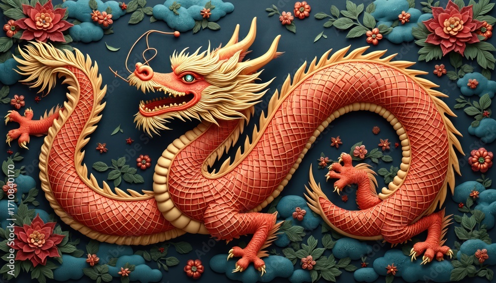 Obraz premium Red chinese dragon art illustration on dark backdrop. Holiday decorative art with flowers, clouds. Mascot lunar art illustration. Dragon good luck symbol chinese year festival. New year greeting card.