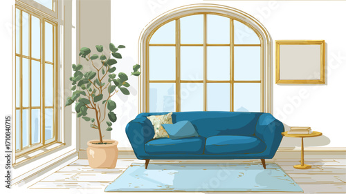 Modern Living Room with Blue Couch and Large Window for Interior Design Inspiration