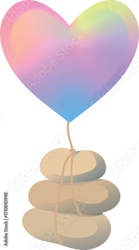 Creative illustration of balanced zen stones tied to a pastel gradient heart balloon. Symbol of peace, love, harmony, mindfulness, and positive energy in modern decorative style.