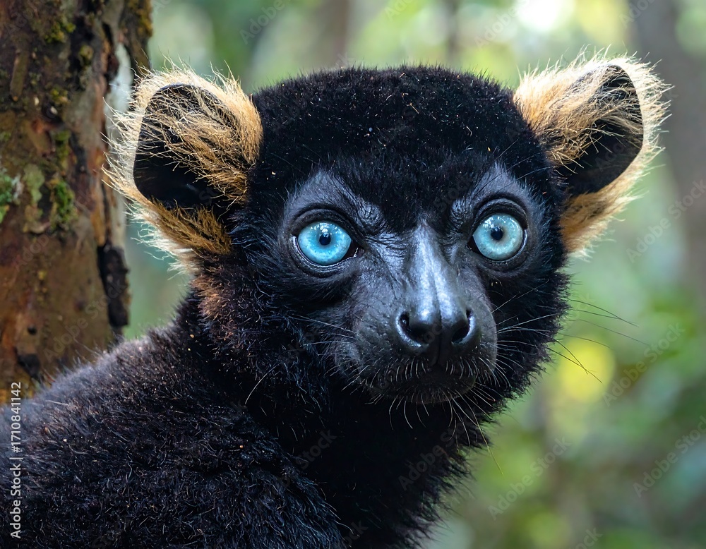 Naklejka premium Close-up of a lemur with striking blue eyes (1)