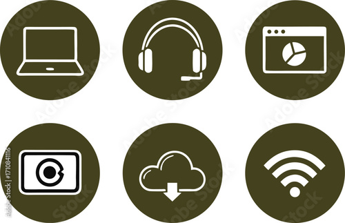 Set of six business and technology icons on a dark green background