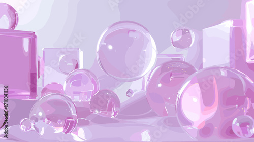 a futuristic 3D abstract background with transparent glowing bubbles and glossy cubes in soft pastel pink and lavender tones.