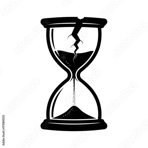 Broken hourglass with sand, symbolizing time running out, deadline, or mortality.
