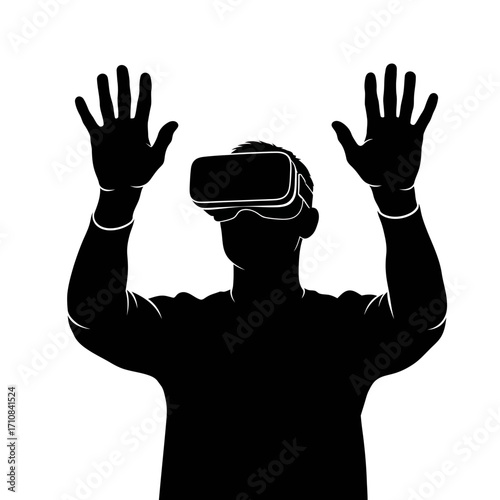 Silhouette of a person wearing a virtual reality headset with their hands raised in front of them.