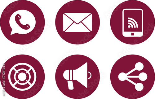 Six Communication and Social Media Icons in Burgundy Circles