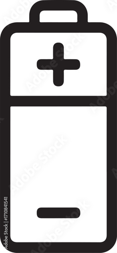 Simple line icon of a battery with plus and minus signs