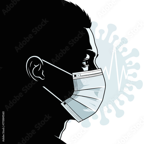 Profile view of a person wearing a medical face mask with a coronavirus cell and heartbeat line in the background, symbolizing health and protection.