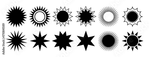 Collection of Black Sun and Starburst Icons on White Background