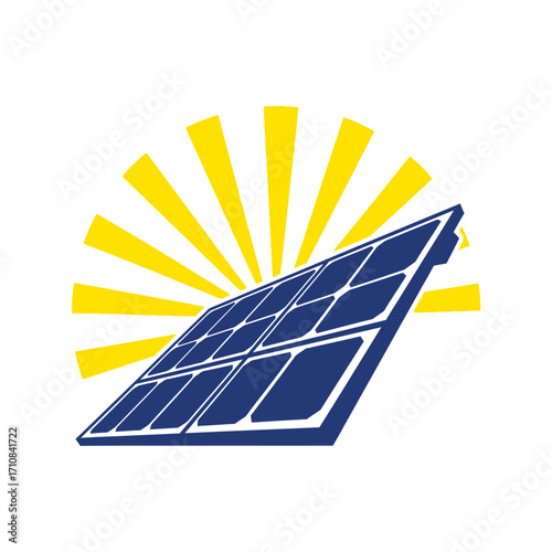 Solar panel graphic design with sunburst rays, showcasing renewable energy.