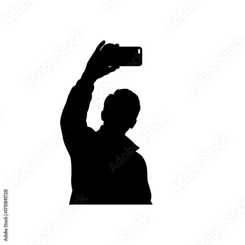 Black silhouette of a person holding a smartphone up to take a selfie against a white background.
