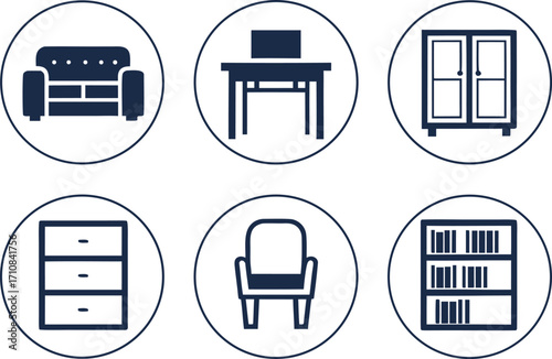 Six Furniture and Home Decor Icons in Circles black