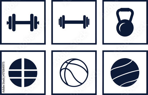 Six Icons Representing Gym Equipment and Sports Balls