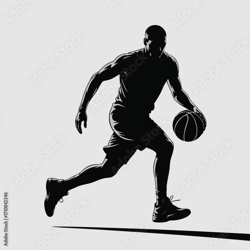 Black silhouette male basketball player dribbling vector
