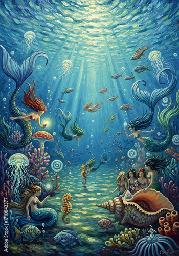 Generative AI Mermaid Gathering Undersea Oil Painting Oil painting Underwater Sea Ocean Fish Jellyfish Seahorse Coral Fantasy Art Illustration Sea life Mythology Blue Green - High Quality