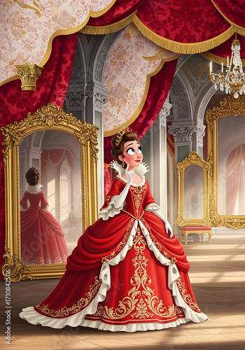 Generative AI Cartoon Princess in Palace Ballroom Gown Red Mirror Royal Crown Elegance Ornate Interior Reflection Architecture Chandelier Fantasy Fairytale Magic - Modern Look