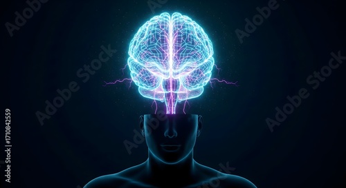 Conceptual glowing brain illustration, showcasing intellect and mental health on a dark background.