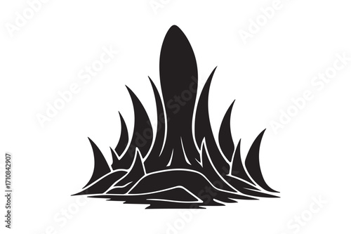 Stylized black silhouette of a fiery flame or tall grass