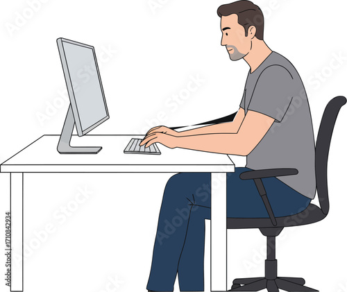 Man sitting at desk using computer workstation