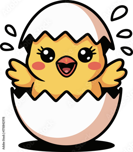 Vector art of cute yellow chick hatching from egg adorable cartoon baby chicken character with big eyes and smiling face in cracked eggshell vector illustration of funny bird
