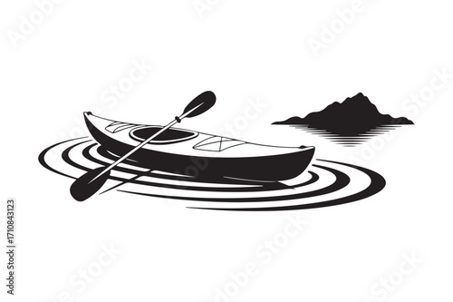 Black and white illustration of a kayak on rippling water near a rocky island