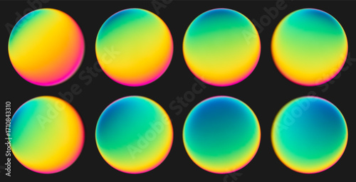 Set of luminous glass spheres filled with radiant rainbow gradient. Glowing spheres reflecting bright multicolor rainbow gradient. Colorful spheres with blurred colors for creative projects. Vector