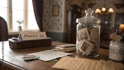 A memory jar with handwritten notes beside it.