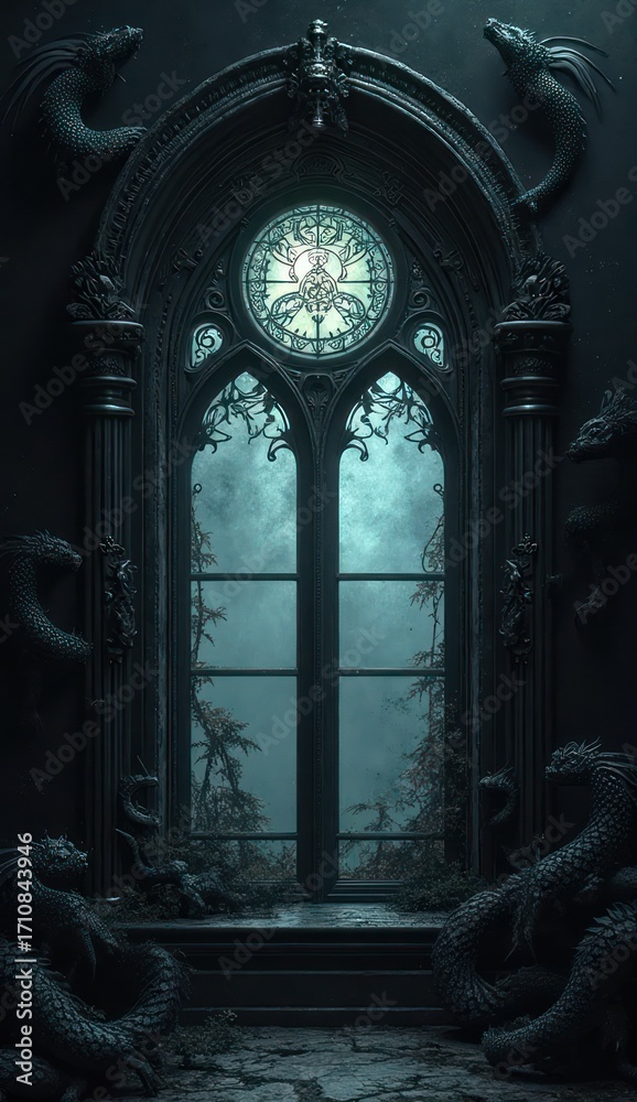 Naklejka premium gothic black window with spider webs and carvings