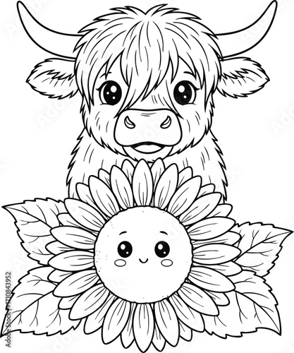 Black and white cartoon drawing of a Highland cow with a smiling sunflower calf bull