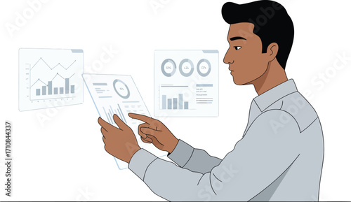 Man Analyzing Data Trends and Visualizations on Screens