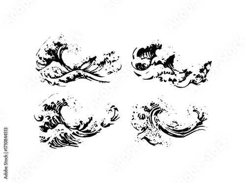 Four Black and White Stylized Wave Illustrations