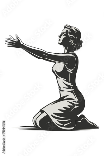 Woman in vintage dress kneeling with arms outstretched, reaching upwards with hope