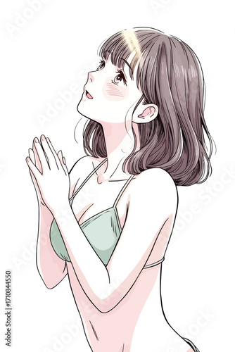 Young woman with hopeful expression looking upwards with hands clasped in prayer or wish